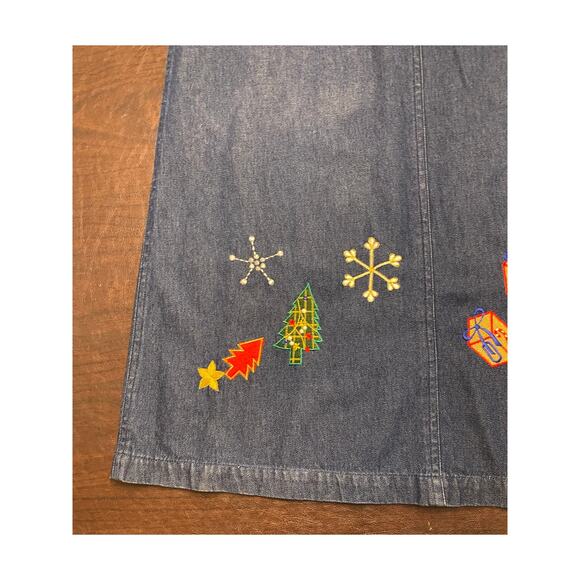 90s Vintage Jane Ashley Denim Jumper Dress Christmas Embroidered Snowman Teacher - Picture 10 of 10